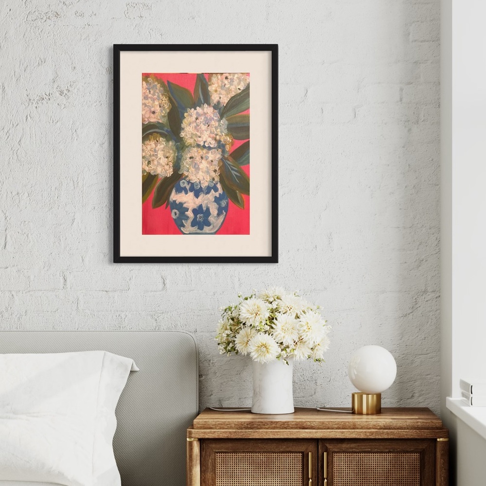 Abstract hydrangeas in delft vase